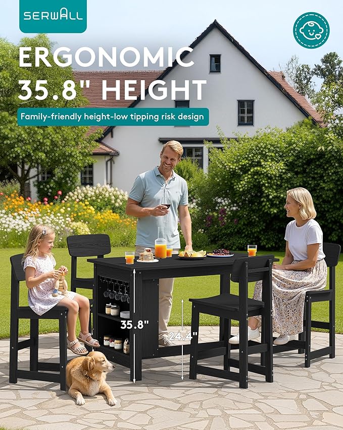 SERWALL Outdoor Bar Stools Set of 2, All Weather HDPE 25" Counter Height Bar Stools with Back, Outdoor Armless Barstools for Patio, Garden, Backyard, Balcony, Poolside, Black