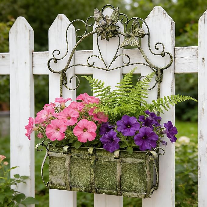 Rustic Metal Wall Planter Vintage Wall Mounted Flower Pot Farmhouse Distressed Wall Hanging Plant Basket with Floral & Butterfly Decor for Indoor Outdoor Garden Home Yard (Green#2)