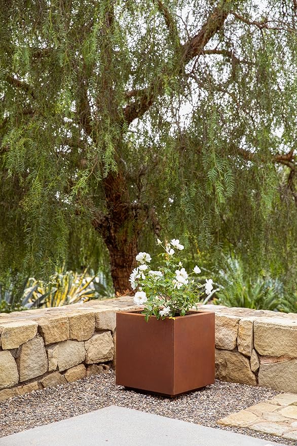 Veradek Corten Steel Series Cube Planter - Square Metal Planter for Outdoor Patio/Garden | Naturally Rusting Steel for All-Weather Use | Modern Rustic Décor for Trees, Flowers, Tall Trees