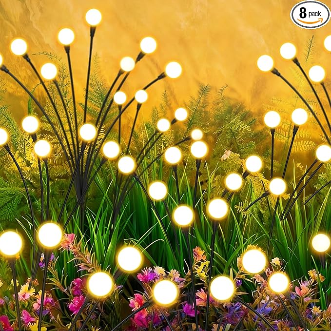Solar Lights Outdoor-8Pack 64LEDs Solar Garden Firefly Lights Outside,Solar Powered Light Outdoor and Garden Decorative IP65 Waterproof,Yard Patio Pathway Decor,Gardening Gifts for Women,Warm White