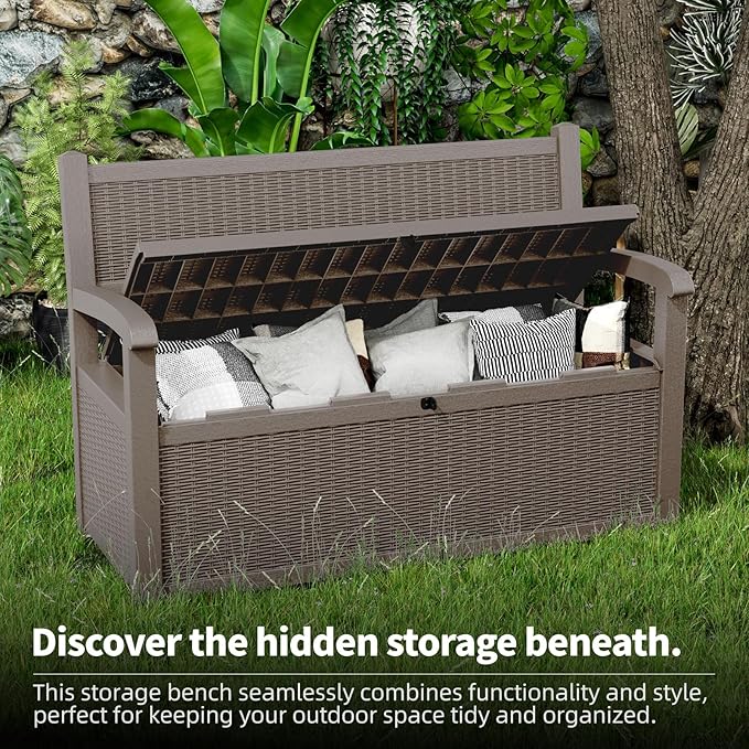 EasyUp 80 Gallon Outdoor Storage Bench Lockable Deck Box Outdoor Storage Box Waterproof for Patio,Garden,and Porch – Perfect for Storing Garden Tools and Cushions(Gray)