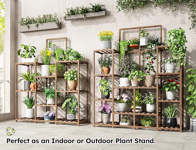 EnHomee Plant Stand Indoor Large Plant Stand Outdoor 5 Tiers Wood Tiered Plants Shelf for Multiple Plants with 10-15 Potted for Living Room Patio Balcony Yard Garden 34.3" W x 11.8" D x 47.2" H