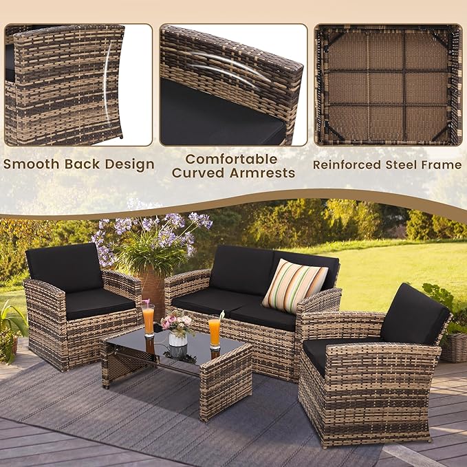 4-Piece Patio Furniture Set, Wicker Outdoor Rattan Sectional Sofa with Cushions and Glass Table, All-Weather Outdoor Conversation Set, Ideal for Garden, Porch, Backyard, Black