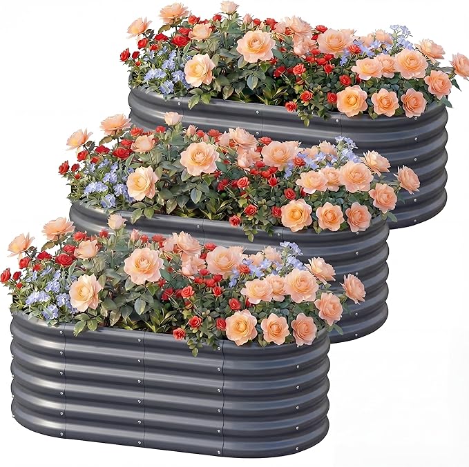 AHEONLAR 3 Pack 4×2×1.5ft Galvanized Raised Garden Beds Outdoor, Sturdy Planter Boxes for Vegetables, Fruits, Flowers and Plants, Easy Assembly, Grey