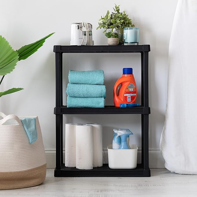 IRIS USA 3-Shelf Light Duty Plastic Storage Shelves, 150lb Capacity, 33" H x 24" W x 12" D, Medium Modular Shelving Unit Storage Organizer for Bathroom, Laundry, Garage & Home, Storage Rack - Black