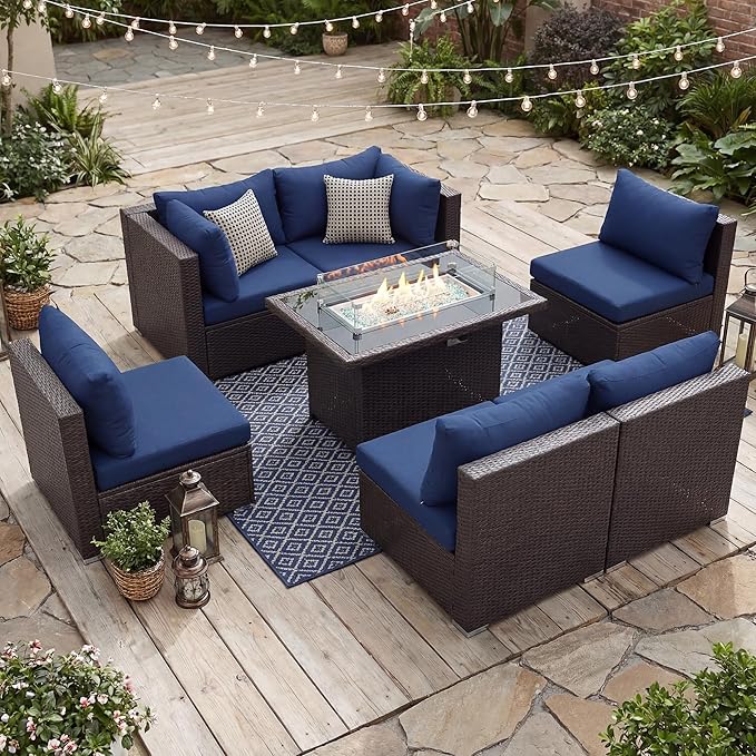 NICESOUL 7 Piece Large Size Patio Sectional Furniture Set with Firepit Propane/Natural Gas, 29.3'' High Back Outdoor Sofa Conversation Couch, Tall Wide Deep Sitting, Brown Rattan and Navy Cushion
