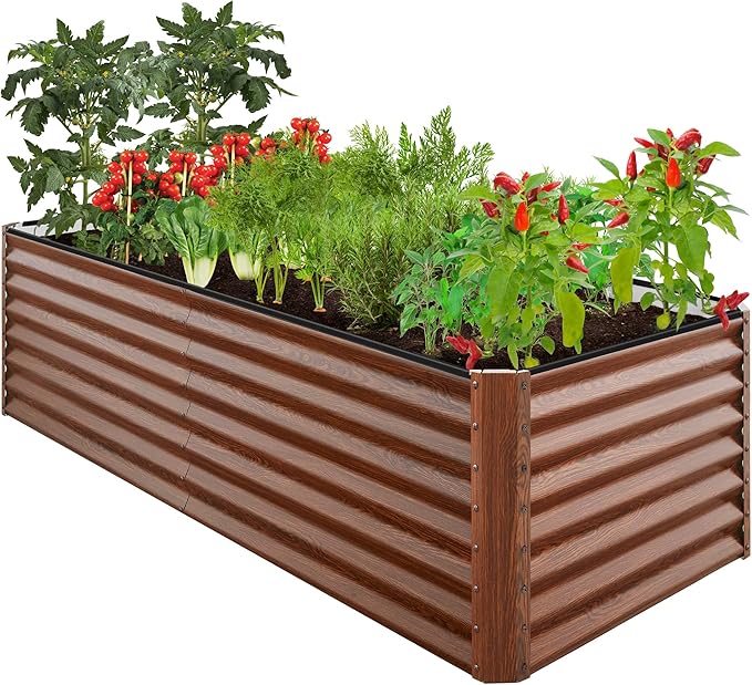 Best Choice Products 8x4x2ft Outdoor Metal Raised Garden Bed, Deep Root Planter Box for Vegetables, Herbs & Flowers, 478-Gallon Capacity, 100% Non Toxic Materials - Wood Grain