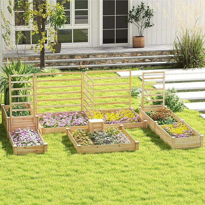 Giantex Raised Garden Bed, 49"x49"x10" Wood Planter Box Kit w/Compost Bin & Open-Ended Bottom for Vegetables, Flowers, Herbs, Fruits, Elevated Square Planting Bed for Patio, Backyard, Garden