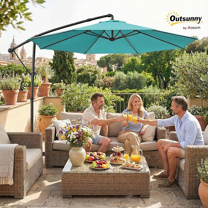 Outsunny 10 ft Offset Patio Umbrella with Cover, Round Hanging Cantilever Umbrella with 6-Position 360° Rotation, Crank Handle, Tilt, Cross Base, Heavy Duty Outdoor Umbrella for Garden