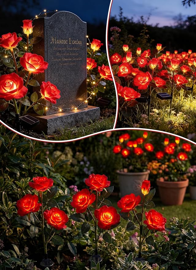 Brightown Outdoor Solar Flower Lights, 4 Pack Solar Garden Light with Larger & More Realistic Red Rose, Bigger Solar Panel, Waterproof Solar Lights Outdoor for Yard Garden Lawn Pathway Decoration