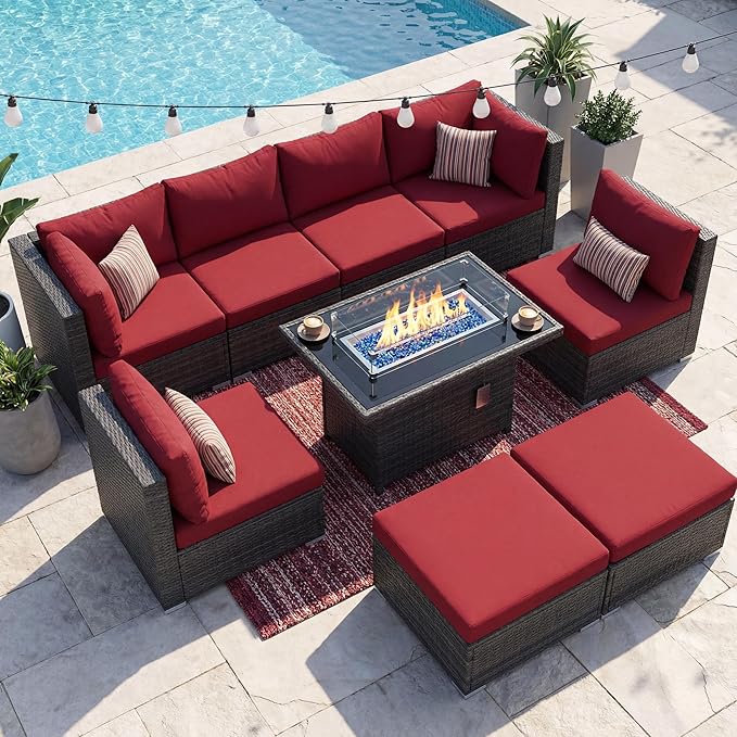 NICESOUL 9 Piece Extra Large Outdoor Patio Furniture Set with Firepit Table Natural Gas/Propane, 29.3'' High Back Gray Wicker Sectional Sofa, Deep Sitting Conversation,2 Color Cushion Burgundy & Gray