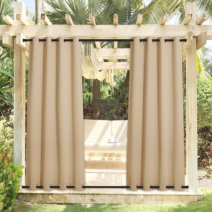 NICETOWN Weighted Outdoor Curtains for Patio Waterproof 84 inches Long 2 Panels, Windproof Drapes Top & Bottom Grommets, Thermal Insulated Blinds Keep Privacy for Yard/Porch, Biscotti Beige, 52" Wide