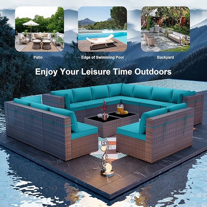 ALAULM Patio Furniture Set with Coffee Table, 14 Pieces Outdoor Sectional with Wide Seat and Thick Cushion, All Weather Wicker Rattan Conversation Set for Backyard, Garden, Deck, Turquoise