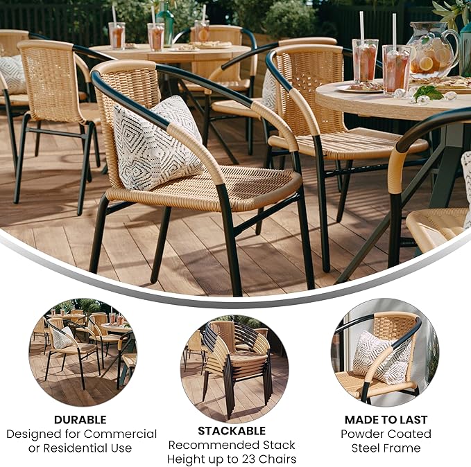 EMMA + OLIVER Set of 2 Modern Rattan Indoor/Outdoor Stack Chairs, Stacking Rattan Patio Chairs with Curved Back and Cross Bracing, Beige