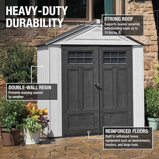 Rubbermaid Resin Outdoor Storage Shed With Floor (7 x 3.5 Ft) Weather Resistant, White, Organization for Home/Backyard/Garden Tools/Lawn Mower/Bike Storage/Pool Supplies