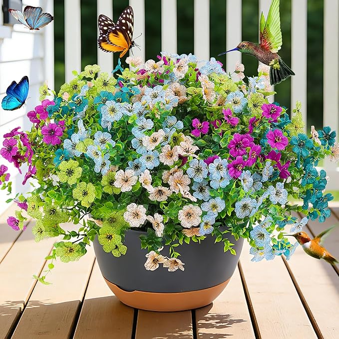 Faux Artificial Plants Flowers for Outdoor Planters Spring Summer Decor 16 Bundles Fake Eucalyptus Silk Daisy UV Resistant Realistic Used for Outside,Home,Front Porch,Patio,Yard Decorations