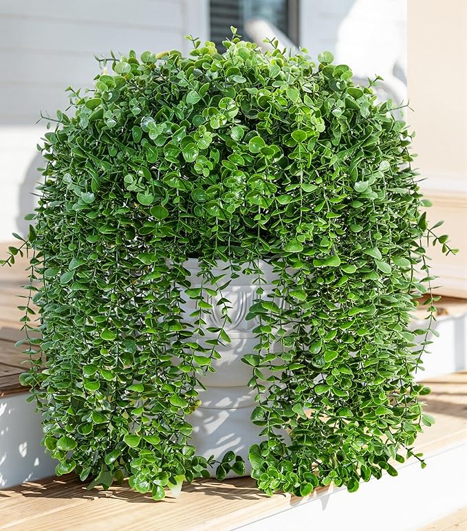 Faux Outdoor Plants Fake Hanging Plants for Outdoors Outside Decorations, 2 Pcs Green Faux Eucalyptus Vines Realistic UV Resistant Artificial Greenery for Planters Porch Garden Yard Front Door Patio