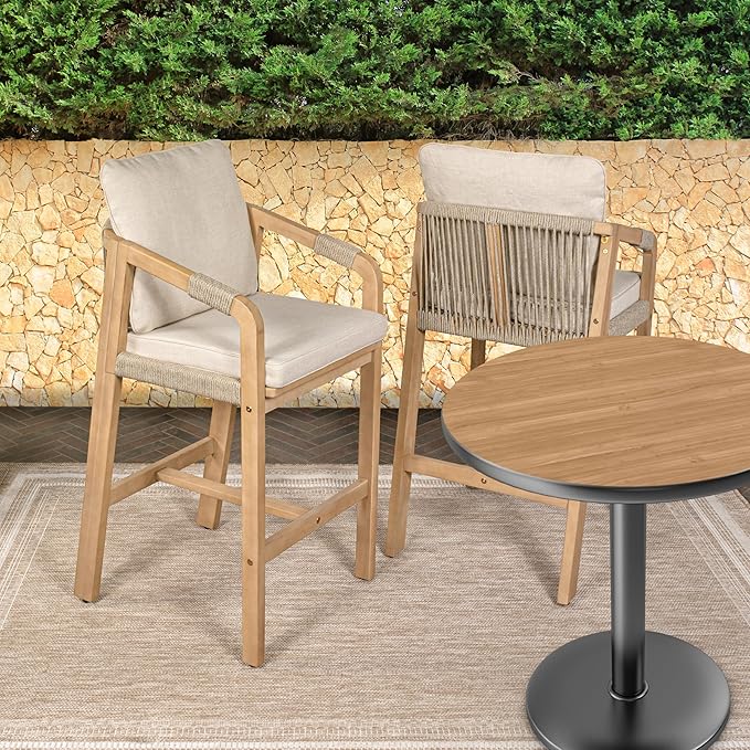 JONATHAN Y BSL1200A-SET2 Porto Modern Coastal Tub Roped Acacia Wood Outdoor Bar Stool with Cushions and Armrests Modern, Coastal, Contemporary, Rustic, Garden Room, Patio, Beige/Light Teak (Set of 2)