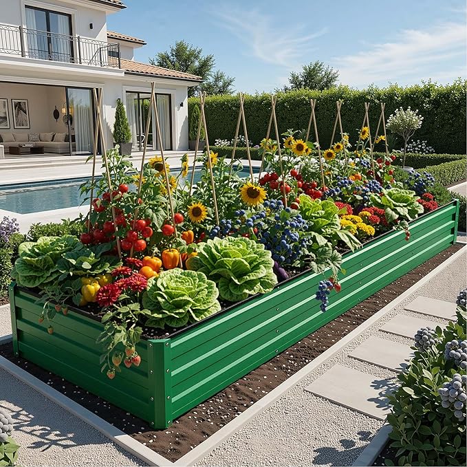 YITAHOME 12x4x1ft Large Raised Garden Bed Kit, Galvanized Metal Planter Box with Gloves, Ground Nails, Support Rod, Outdoor Above Ground Planters for Plants Vegetables Flowers, Green