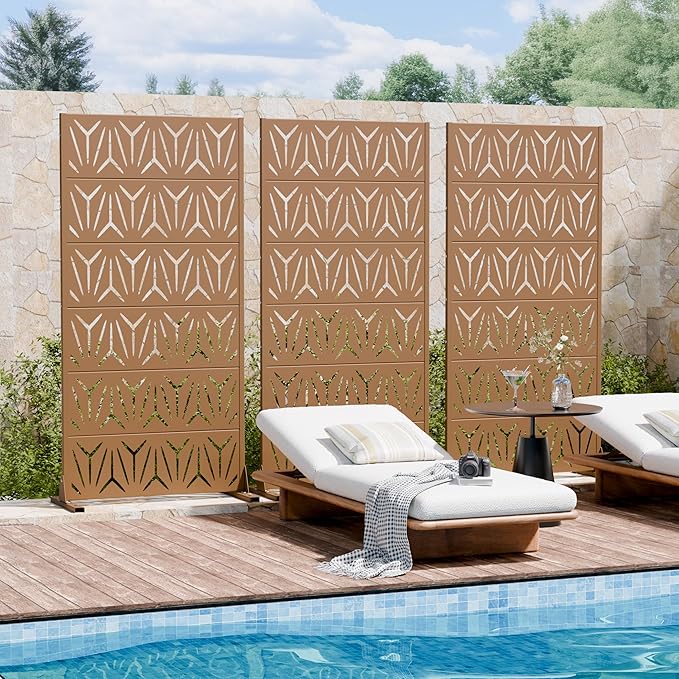 Casaphoria Metal Privacy Screen Outdoor, 72" H x 35" W Freestanding Decorative Privacy Screen for Patio Deck Balcony Garden with Stable Base, Brown-Star
