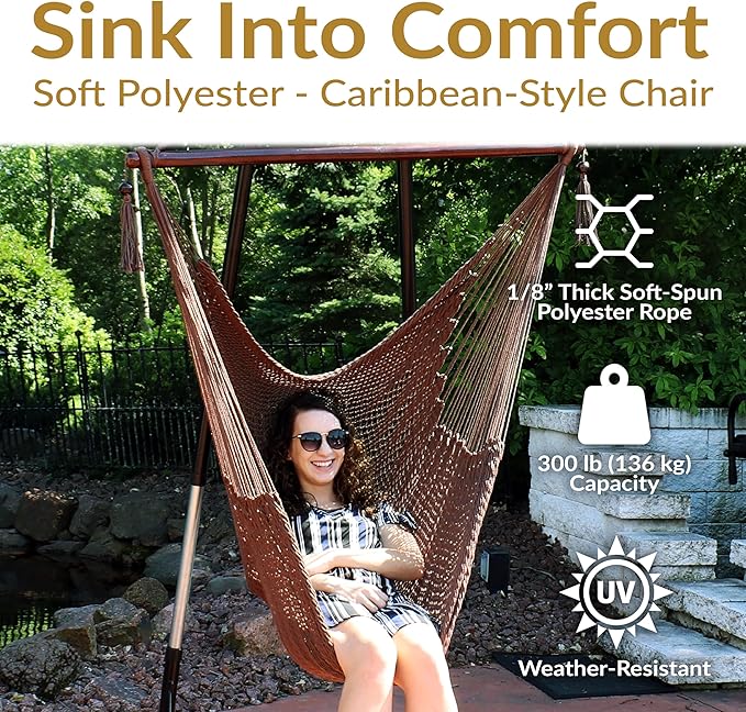 Sunnydaze Outdoor Hammock Chair Swing - Hanging Hammock Swing - Hanging Reading Chair - Soft-Spun Polyester Rope - Caribbean XL - Mocha