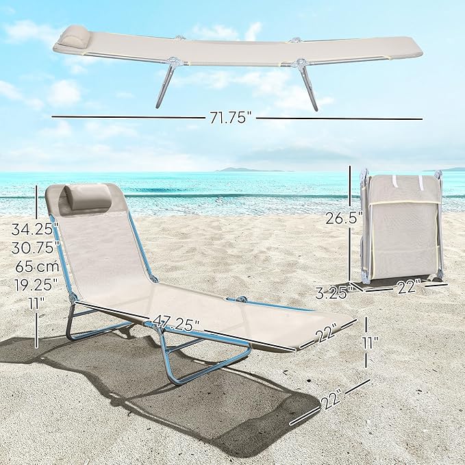 Outsunny 2 Piece Folding Chaise Lounge Chairs, Pool Sun Tanning Chairs with Reclining Back, Breathable Mesh Seat, Headrest for Beach, Yard, Patio, Cream White