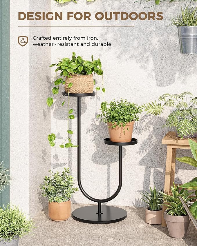 Bamworld Outdoor Plant Stand Metal Plant Stand Indoor Corner Plant Stands 2 Tier Plant Shelf for Tall Plant Holder Black Plant Shelves for Living Room Bedroom Midcentury Modern Home Decor
