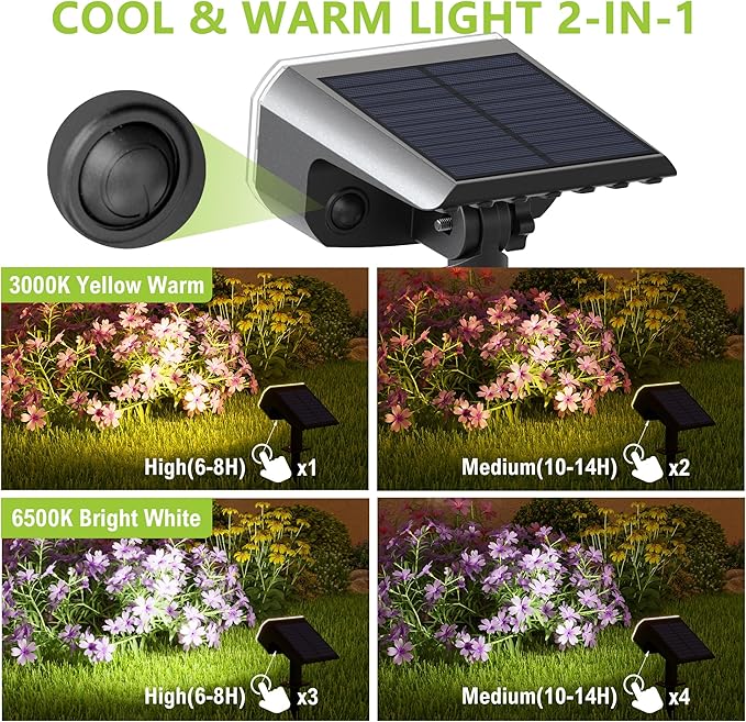 DAMINY Solar Spotlights Outdoor Waterproof IP65,2 CCT(Warm White & Cool White),4 Lighting Modes Solar spot Lights for Yard,Garden,Pathway,Landscape,Auto On/Off-8 Pack