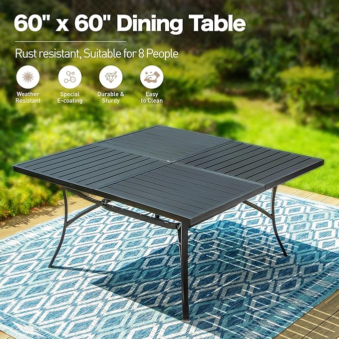 Patio Dining Set 9 Piece, 8 x Woven Rattan Swivel Chairs with Waterproof Cushion, 60" Square Metal Dining Table with Umbrella Hole, Outdoor Table and Chairs Set for Backyard Lawn and Deck, Beige