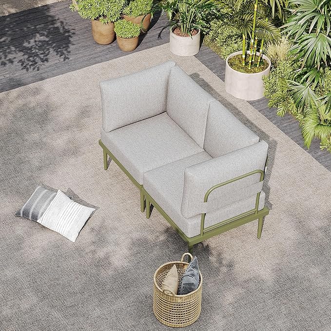 Sundale Outdoor 2 Pieces Metal Patio Furniture Set, Outdoor Sectional Sofa w/6 Inch Olefin Cushion, Modern Outdoor Conversation Sets for Porch, Balcony