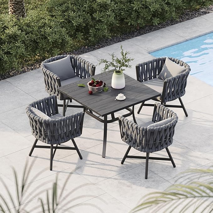 Grand patio 5-Piece Outdoor Dining Set for 4, Patio Dining Furniture Set for 4 Swivel Rope Wicker Chairs & 1 Square Dining Faux Woodgrain Table with Umbrella Hole, Dark Gray
