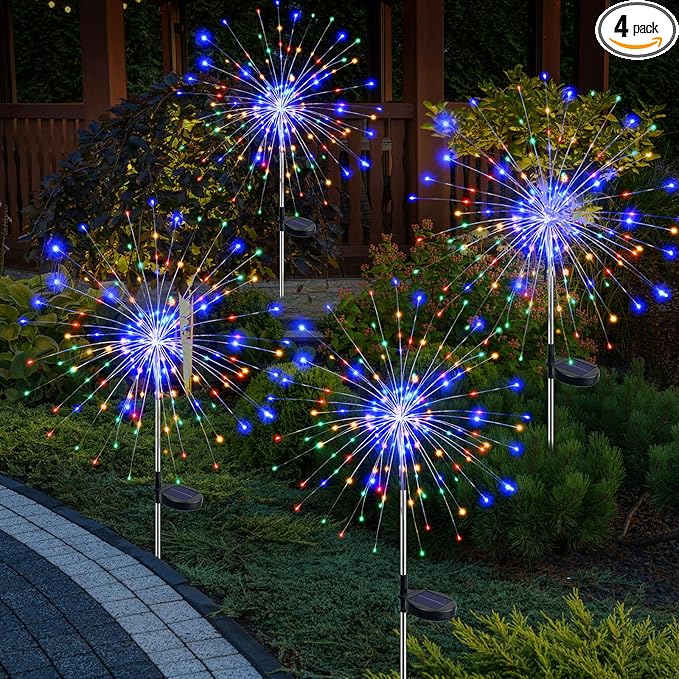 btfarm 4 Pack 120 LED Solar Garden Lights Outdoor, 8 Modes Firework Lights Solar Powered, Waterproof Twinkle Fairy Light Outside for Yard Patio Pathway Pool Christmas Party Decorative, Multicolor