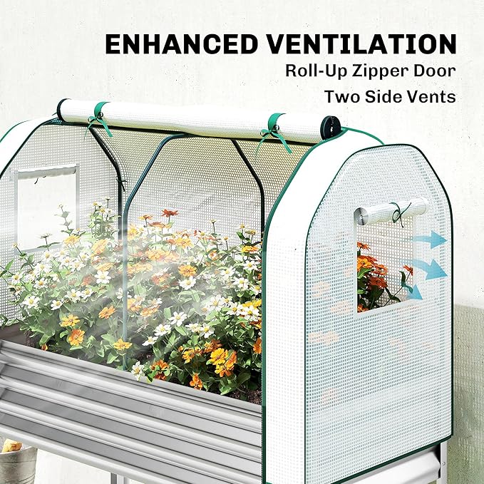 Outsunny Galvanised Raised Garden Bed with Greenhouse Cover, Metal Elevated Garden Bed with Legs, Bed Liner and Bottom Shelf, Outdoor Raised Planter Box for Vegetables, Herbs, Flowers, Silver