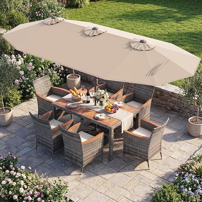 Tangkula 9 Pieces Rattan Outdoor Dining Set with 13Ft Solar Patio Umbrella for 6, Outdoor Wicker Table Set with 8 Cushioned Chairs, Acacia Wood Top, Outdoor Umbrella with Base Included