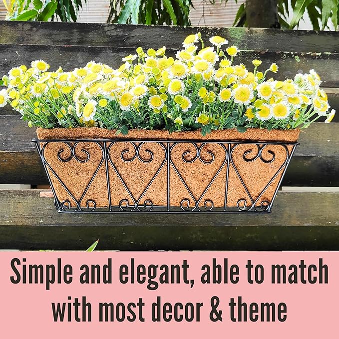 LaLaGreen Wal Planters - 4 Pack, 16 Inch Deck Railing Hanging Basket, Window Flower Boxes Outdoor Black Metal Plant Pot Holder Coco Liner Fence Planter Balcony Garden Patio Porch Farmhouse Boho Decor