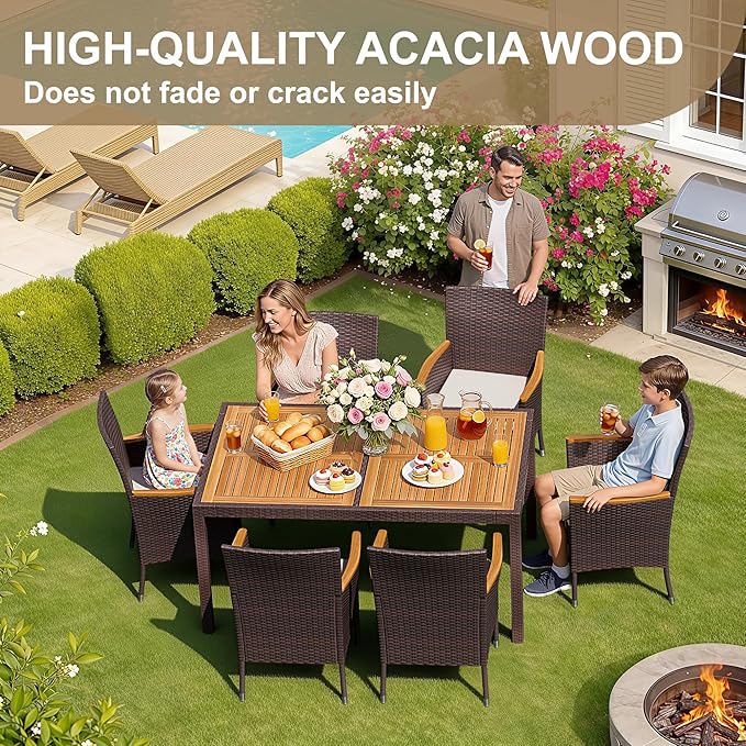 Devoko Dining 7 PCS Furniture, Patio Conversation Set with Acacia Wood Table Top, Outdoor, Beige Cushion and Brown Rattan