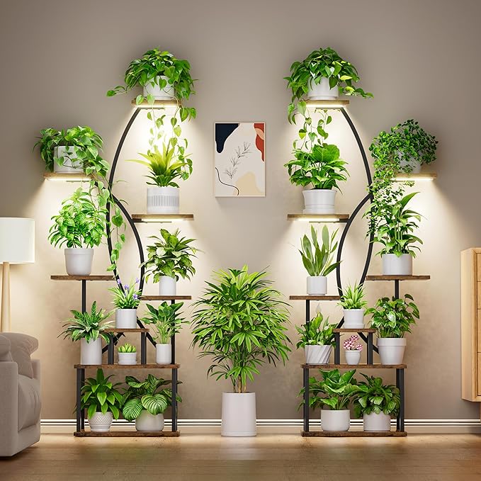 Plant Stand Indoor with Grow Lights - 8 Tiered Tall Plant Shelf, 65" Metal Corner Shelf for Indoor Plants Multiple, Large Curved Half-Moon Flower Holder Stand Display Rack for Patio, Home, 2 Pack