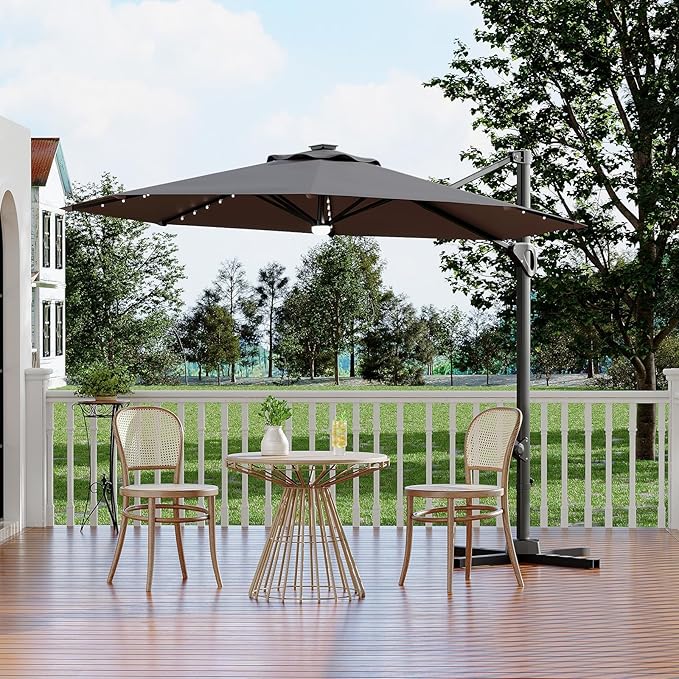 Garvee 10 ft Cantilever Patio Umbrella with Solar Lights, 360° Rotation Offset Umbrella, Easy Crank & Tilt Adjustment, UV Protection for Backyard, Poolside, Deck -Gray