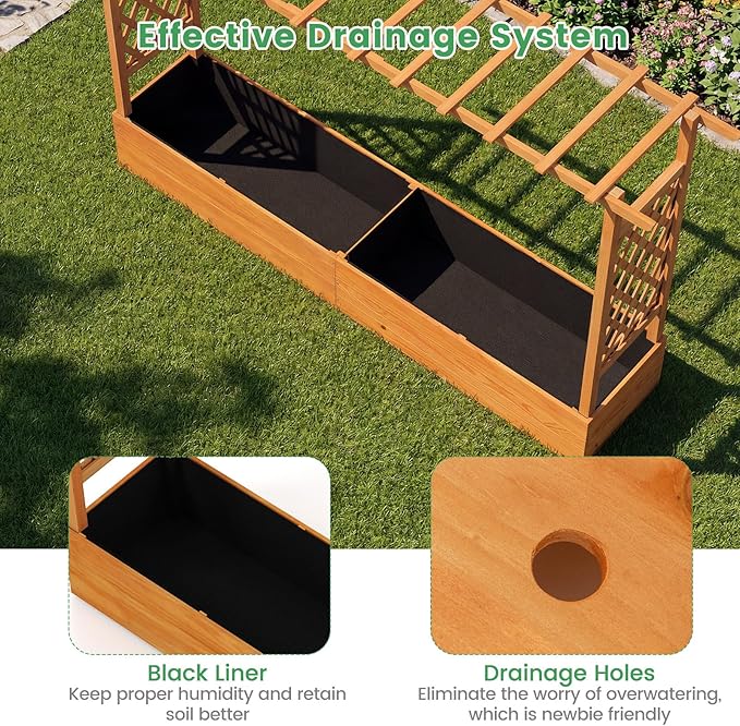 Giantex 2 Pcs Raised Garden Bed with Trellis & Hanging Roof, Wood Planter Box with Bottom & Drainage Holes, Freestanding Garden Planter for Flower Fruit Vegetable Herb Climbing Vine (77"x14.5"x45")