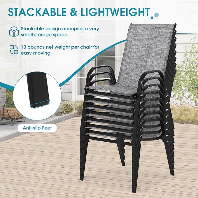 Outdoor Stackable Chairs Set of 8, Stacking Patio Chairs with Textilene Fabric, Outside Furniture for Garden Backyard Balconie Poolside Deck, Grey