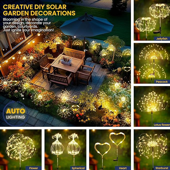 GIGALUMI Garden Decor Outdoor Lights 120LED 6Pack, Solar Garden Lights for Christmas Outside Fairy Firework Decorative,Solar Powered for Yard Pathway Flowerbed Planter Balcony Patio Decor (Warm White