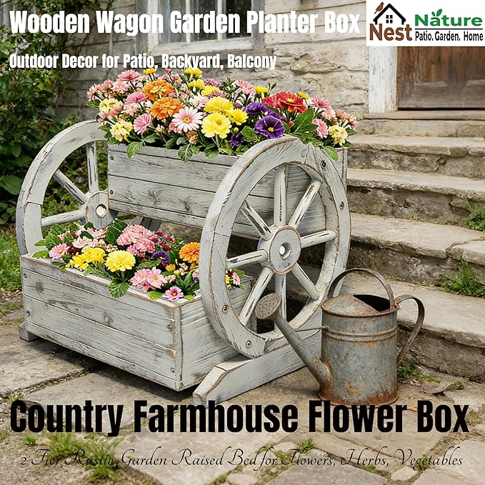 NestNature Wooden Wagon Planter Box,Raised Garden Bed,Decorative Garden Planters with Wheels-Outside Flower Pots for Indoor/Outdoor Décor Plants (Antique White)