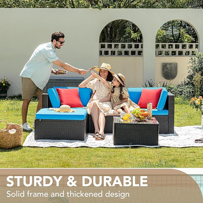 Devoko 5 Pieces Patio Furniture Sets All Weather Outdoor Sectional Patio Sofa Manual Weaving Wicker Rattan Patio Seating Sofas with Cushion and Glass Table (Blue)