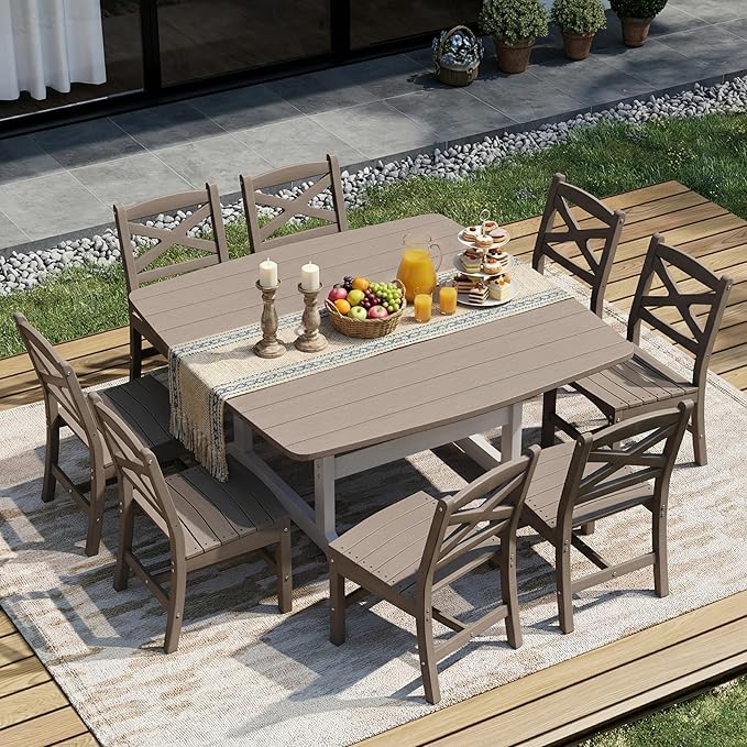 Outdoor Dining Set, HDPE 9-Piece Patio Table and Chairs Set, All-Weather Outdoor Dining Table Set for 8 with Umbrella Hole, Durable Patio Furniture Set with Chairs,White Brown