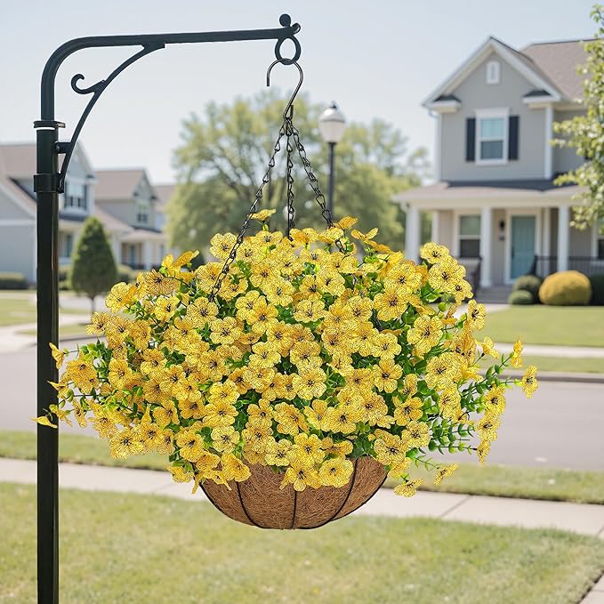 Artificial Faux Hanging Mums Plants Flowers Basket for Outdoors Summer Autumn Decoration,Hanging Planters with Fake Silk Daisy UV Resistant Realistic for Outside Porch Patio Balcony Garden Home Yellow