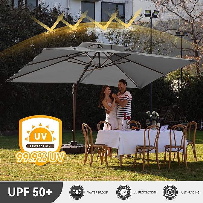 10 X 13 FT Cantilever Outdoor Patio Umbrella with Base Included Large Heavy Duty 360° Rotation Double Top Offset Rectangular Umbrellas with Led Lights for Backyard Outside Deck,Grey