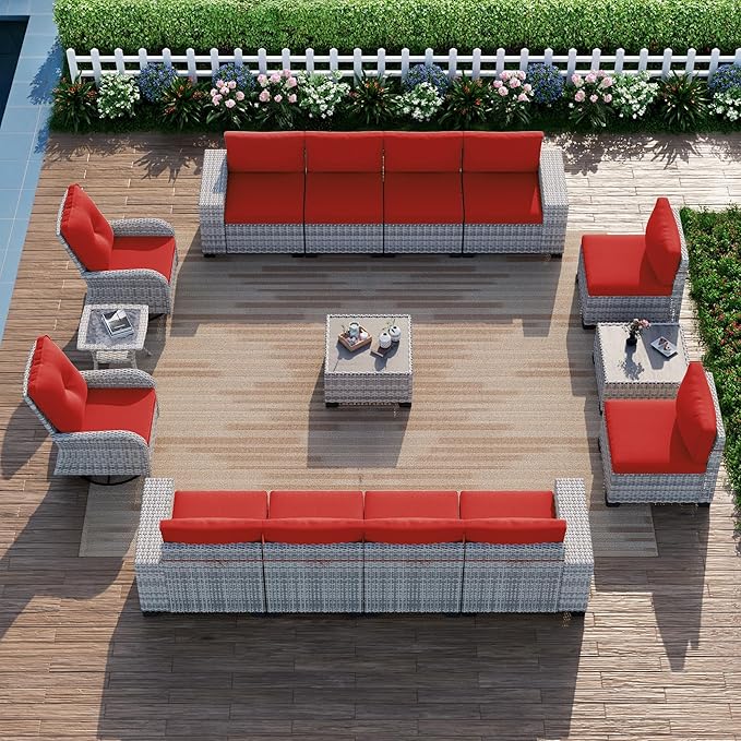 15-Piece Outdoor Patio Furniture Set with Rocking Swivel Chair Wicker Sectional Sofa Set, Patio Conversation Set with Thickened Cushions & Coffee Table for Garden, Backyard, Poolside, Red