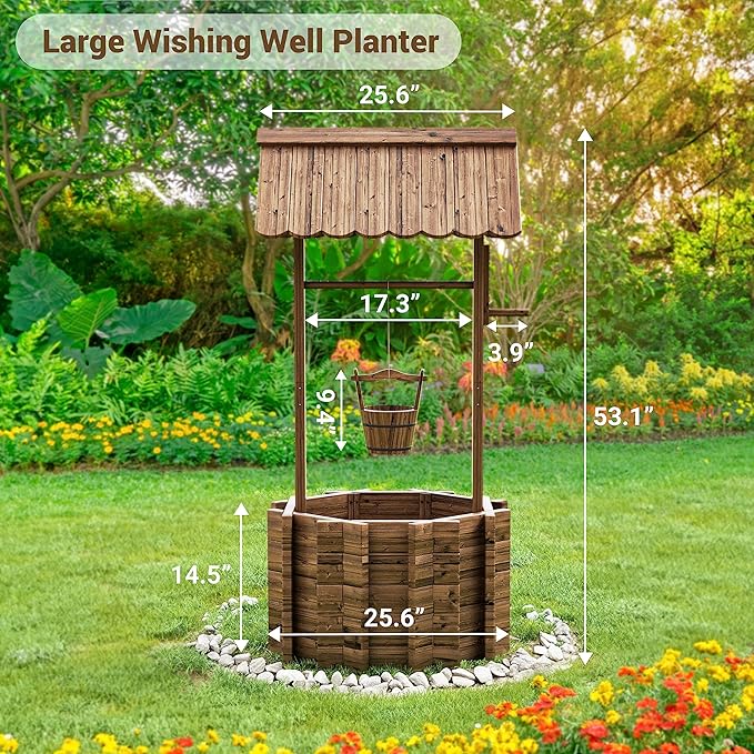 UDPATIO Wishing Wells for Outside, Wooden Wishing Well Planter for Yard, Upgrade Wishing Well with 4 Reinforced Rod & Hanging Bucket for Garden Patio Lawn Backyard Home Decor