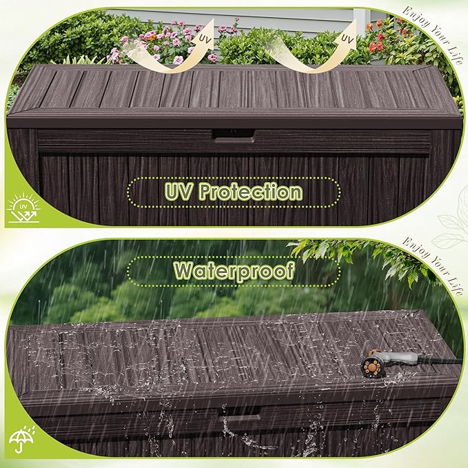 Devoko 125 Gallon Outdoor Storage Box, Waterproof Resin Deck Box for Patio Furniture, Lockable Container for Garden Cushions & Pool Supplies (Brown, 125 Gallon)