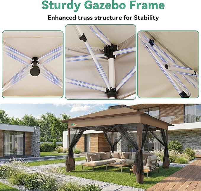 COBIZI 13x13 FT Pop up Gazebo on Clearance - Outdoor pop up Canopy Tent,carpas para Patio, Shelter - Screen Tents with Portable Carry Bag, Patio Gazebos for Camping,Garden,Deck,Backyard,Brown